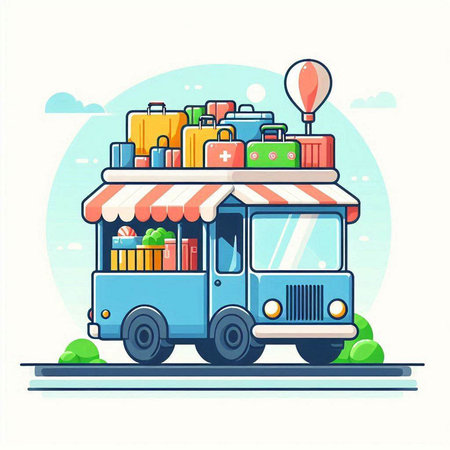 Food truck with a lot of luggage. Vector illustration in flat styleのイラスト素材