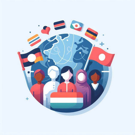 People with flags around the world. Vector illustration in a flat styleのイラスト素材