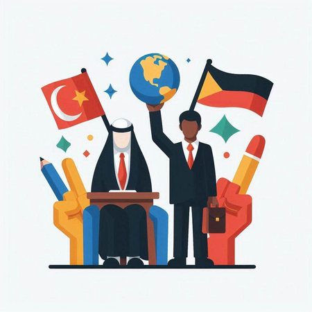 Vector illustration of a flat design of a meeting with a group of businessmen and flags.のイラスト素材