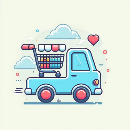 Vector illustration of a toy car with shopping cart on wheels. Flat line art style design.のイラスト素材