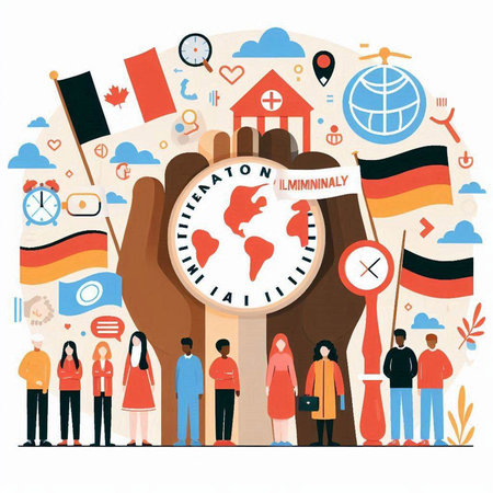 Vector illustration with people holding flags of different countries around the clock.のイラスト素材
