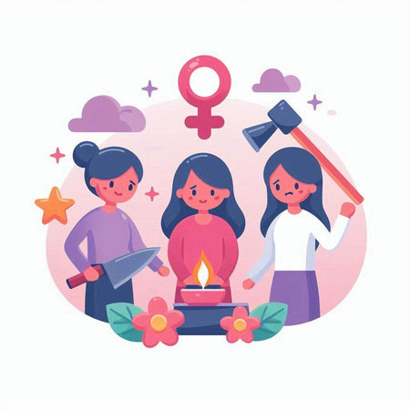 Happy Women's Day. Vector illustration in a flat style. A group of women with a candle and an ax.のイラスト素材