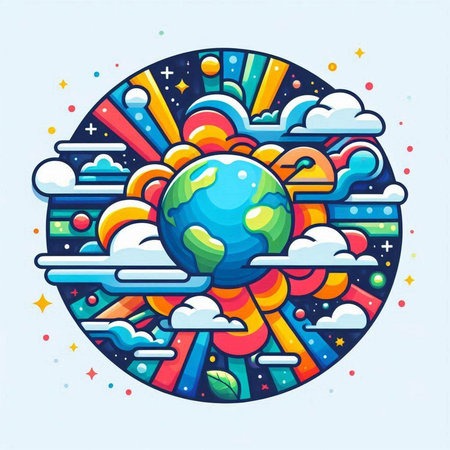 Colorful illustration with planet and clouds in the circle. Vector.のイラスト素材