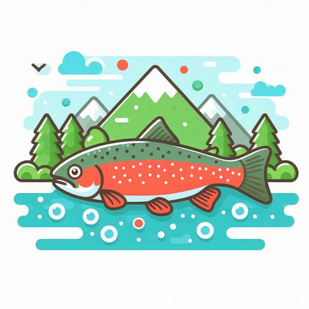 Colorful vector illustration of a trout in the water with mountains in the backgroundのイラスト素材