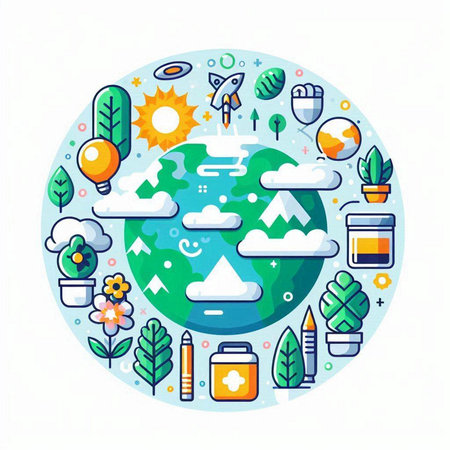 Vector illustration of Earth planet with icons. World environment day concept.のイラスト素材
