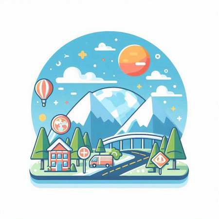Vector illustration in flat design style of cityscape with mountains, road, sky, clouds, trees, road signs and vehiclesのイラスト素材