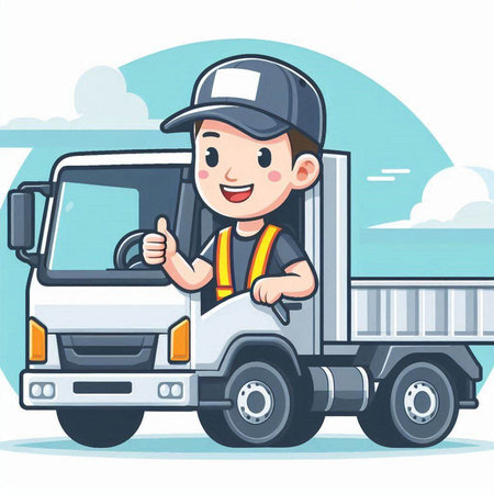 Courier truck driver with thumbs up. Vector cartoon illustration.のイラスト素材