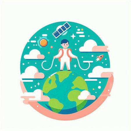 Astronaut on planet earth with solar panels. Flat style vector illustration.のイラスト素材