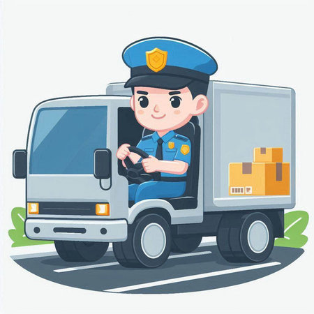 Policeman driving a truck with boxes. Vector illustration in cartoon styleのイラスト素材