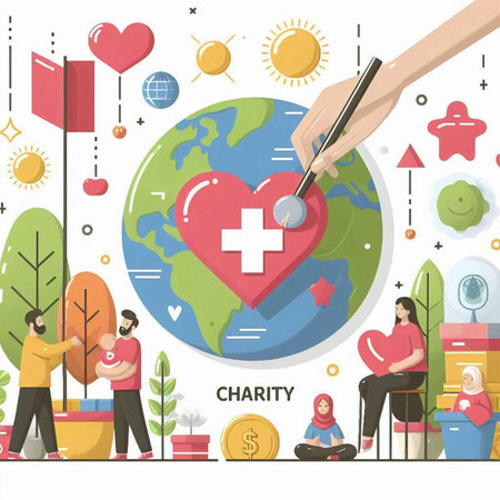 Charity and donation concept. Flat style vector illustration. Group of people with globe and charity symbol.のイラスト素材