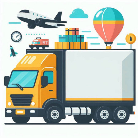 Flat design vector illustration concept of logistic and transportation. Cargo truck with container, air balloon, airplane and clock.のイラスト素材