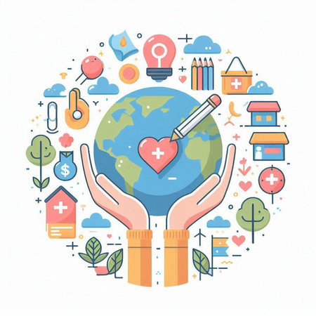 Hands holding Earth globe with medical icons around. Vector illustration.のイラスト素材