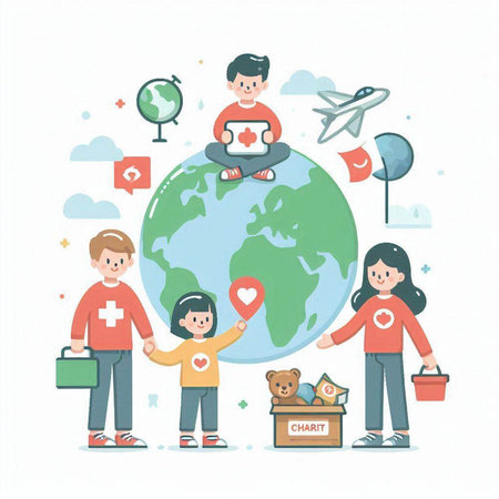 Volunteers and volunteers in the world. Flat design vector illustration.のイラスト素材