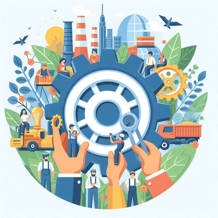 Vector illustration of industrial and engineering concept with human hand holding gear wheel.のイラスト素材