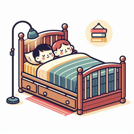 Illustration of a boy and girl sleeping in a bed, vector illustrationのイラスト素材