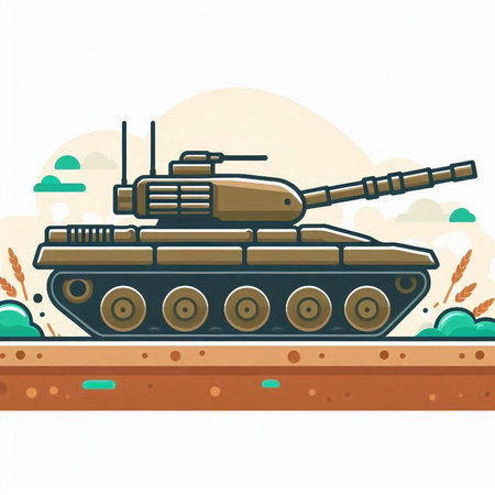 Military tank on the ground. Vector illustration in flat cartoon style.のイラスト素材