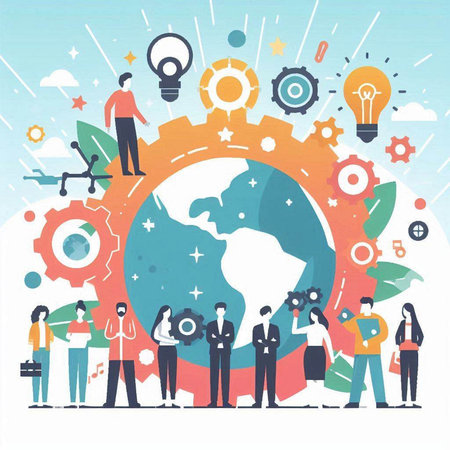 Global business concept with people around the world. Flat vector illustration.のイラスト素材