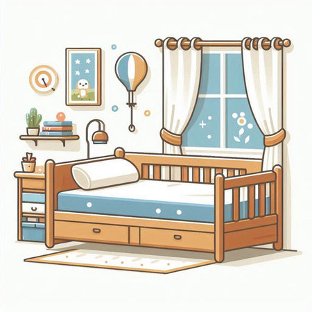 Vector illustration of a children's room with a bed and a lampのイラスト素材