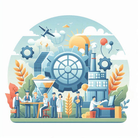 Industry concept. Vector illustration in flat style with people working in the factoryのイラスト素材