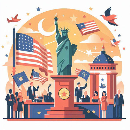 Statue of Liberty with USA flags and other symbols. Vector illustrationのイラスト素材