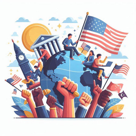 Cartoon vector illustration of United States of America. People with flags around the world.のイラスト素材