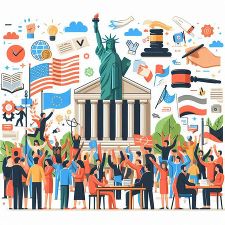 Vector illustration of crowd of people celebrating United States independence day in flat styleのイラスト素材