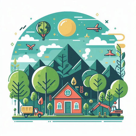 Flat design modern vector illustration concept of green eco-friendly city with nature, trees, houses, birds and other elements.のイラスト素材