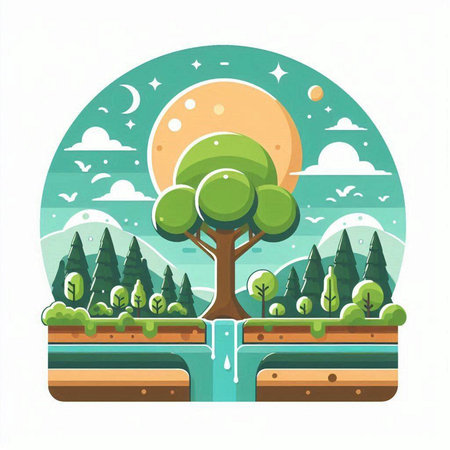 Flat style vector illustration of a forest landscape with trees and river.のイラスト素材