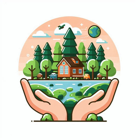 Hands holding a house on the background of nature. Vector illustrationのイラスト素材