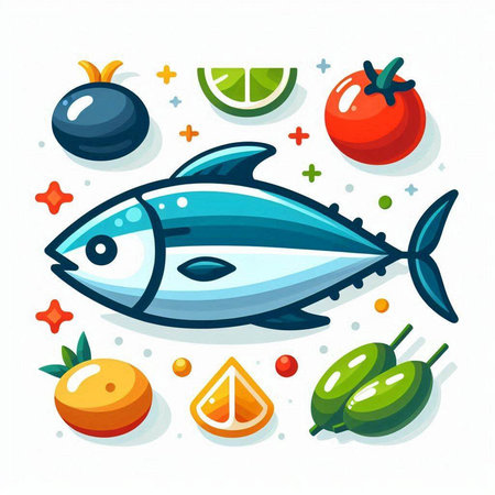 Vector illustration of fresh seafood. Fish, tomato, olives, lemon.のイラスト素材