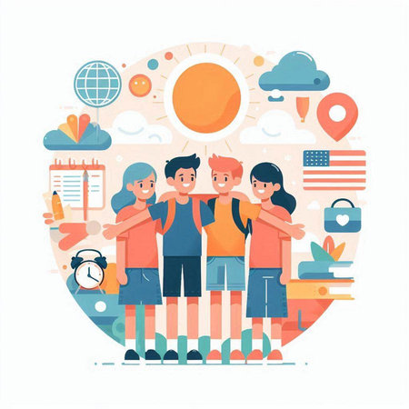 Vector illustration of a group of friends standing in a circle on the background of the world map.のイラスト素材