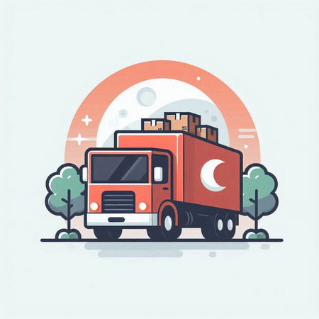 Cargo truck with crescent moon and trees, vector illustration.のイラスト素材