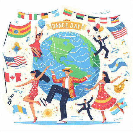 Dancing people with flags around the world, flat vector illustration.のイラスト素材