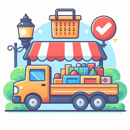 Courier truck with awning, boxes and shopping basket. Food delivery concept. Vector illustrationのイラスト素材