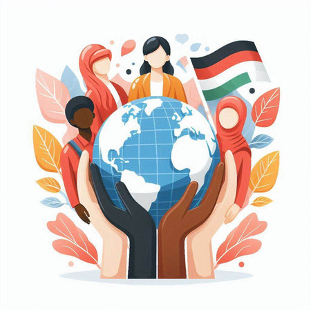 Vector illustration of group of people holding a globe in their hands.のイラスト素材