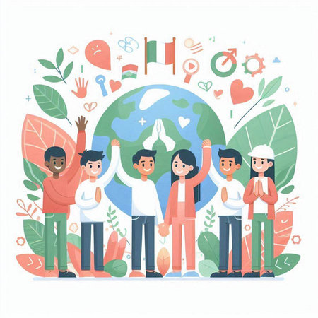 International friendship day concept. Group of multiethnic people standing together and praying together. Flat vector illustration.のイラスト素材