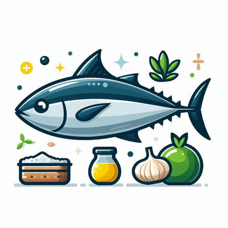 Tuna and ingredients for cooking. Vector illustration in cartoon style.のイラスト素材