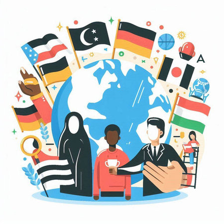 People of different nationalities and religions on the background of the globe. Vector illustrationのイラスト素材