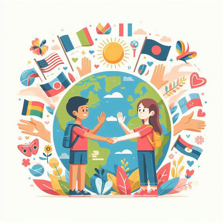 Happy children with flags of countries around the world. Vector illustration.のイラスト素材