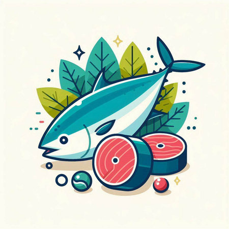 Vector illustration of tuna fish with fresh vegetables and leaves. Seafood concept.のイラスト素材