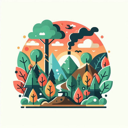 Vector illustration of a flat design of a forest with trees, bushes and mountains.のイラスト素材