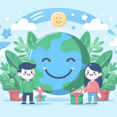 Illustration of happy boy and girl with earth globe and gift boxのイラスト素材