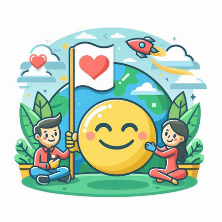 Happy boy and girl holding flag in the park. Vector illustration.のイラスト素材