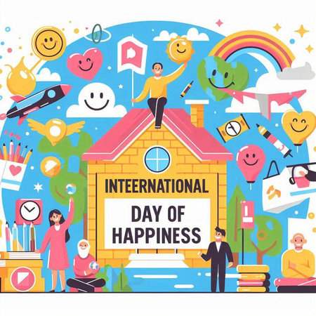 International Day of Happiness concept with people and icons, vector illustration.のイラスト素材
