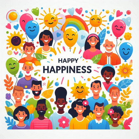 Happy international day of happiness greeting card with group of smiling people. Vector illustrationのイラスト素材