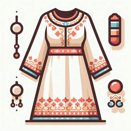 Vector illustration of ethnic dress with embroidery, beads and earrings.のイラスト素材