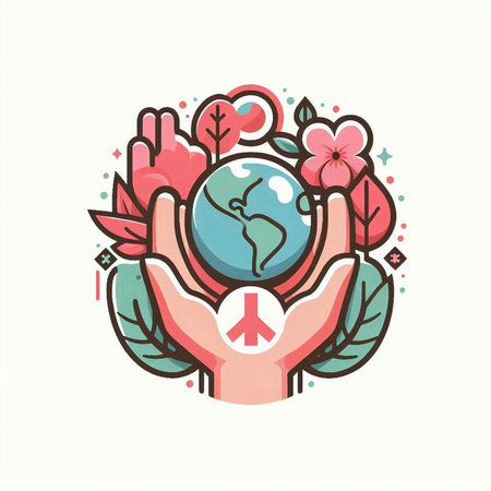 World environment day vector illustration. Hand holding earth globe with flowers.のイラスト素材