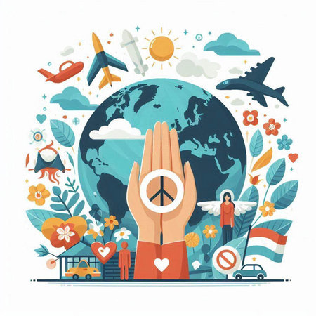 Vector illustration of World environment day concept with human hand holding world globe and different symbols around.のイラスト素材