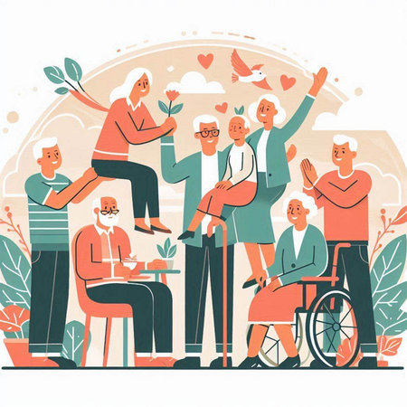 Elderly people in a wheelchair greeting each other. Vector illustration.のイラスト素材