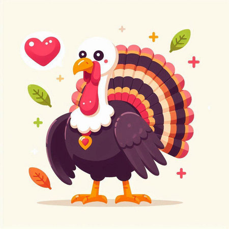 Cartoon Thanksgiving Turkey Bird Character with Heart and Leaves. Vector Illustrationのイラスト素材